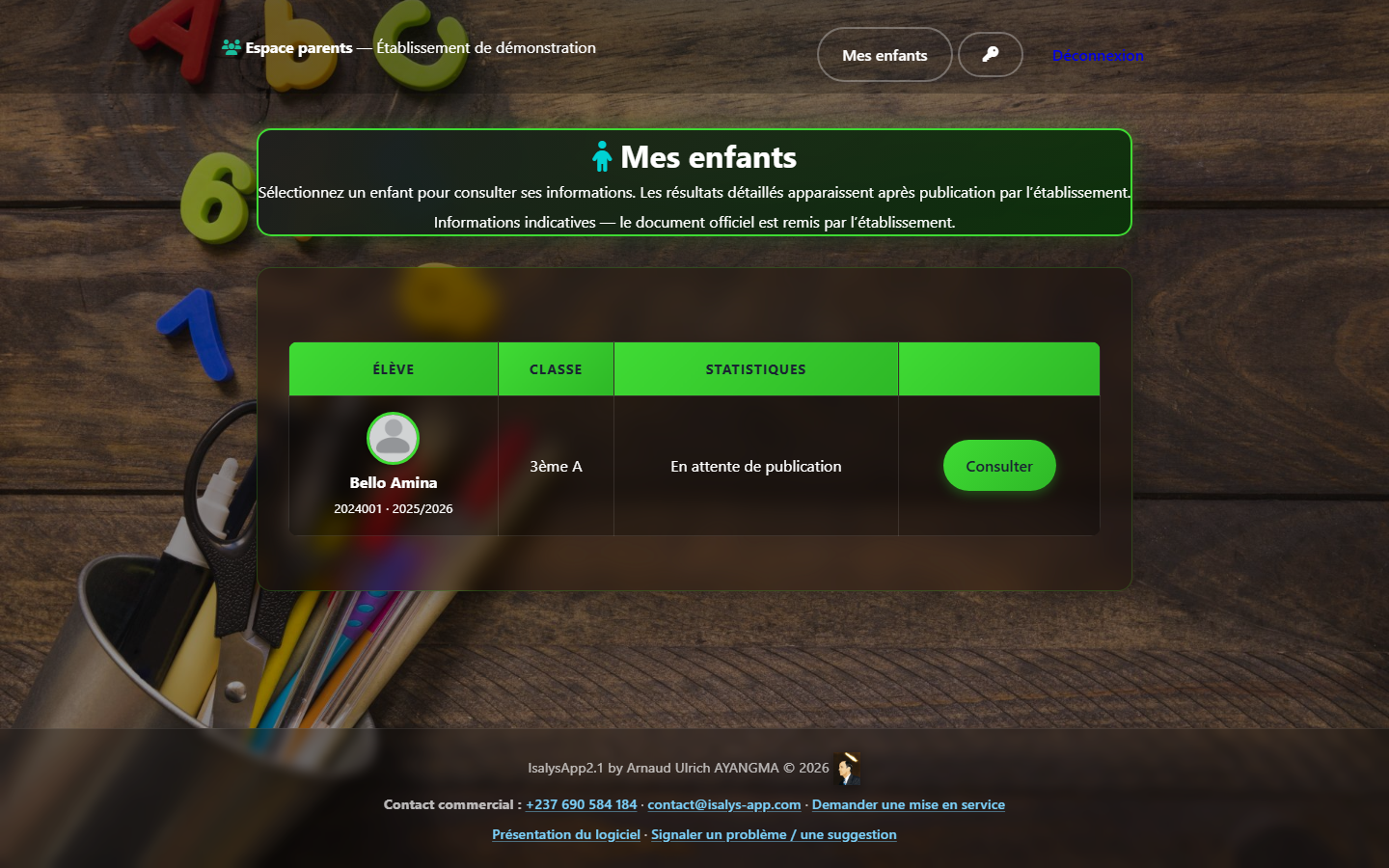 Tableau de bord parent — liste des enfants