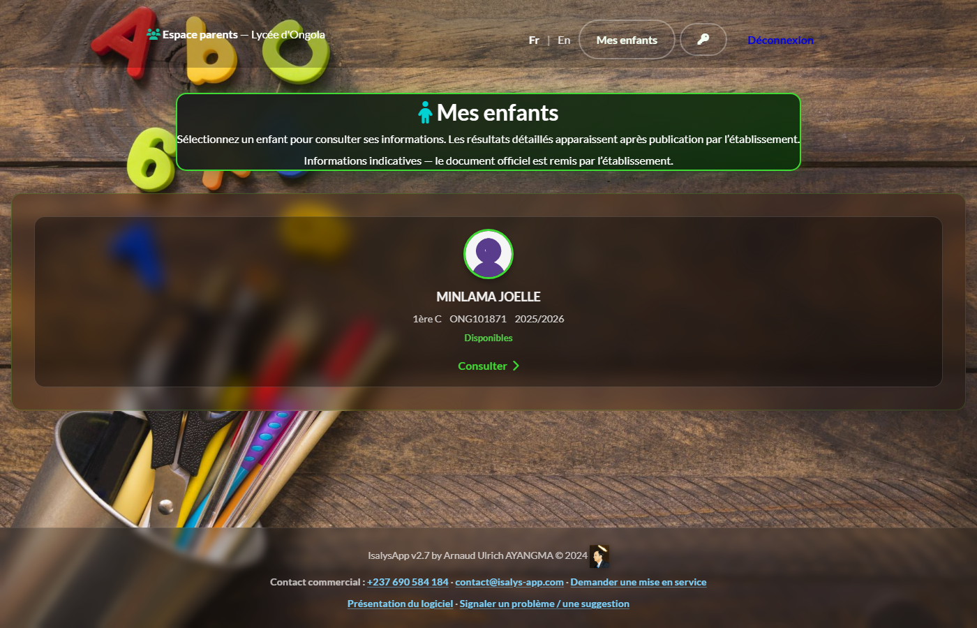 Tableau de bord parent — liste des enfants