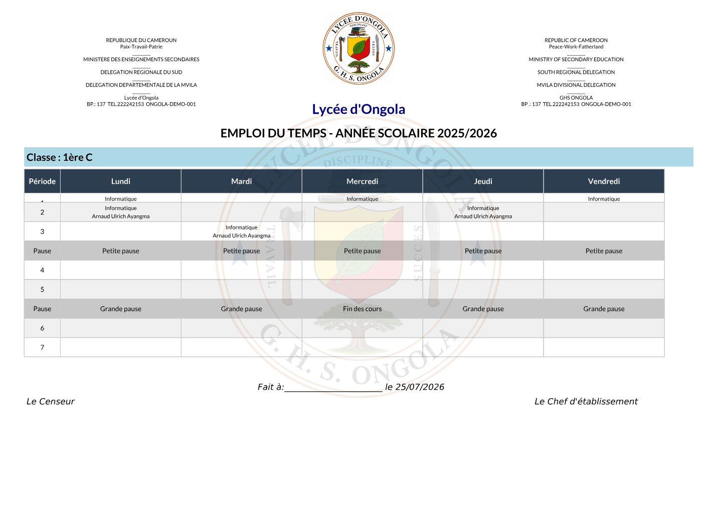 Exemple — emploi du temps classe